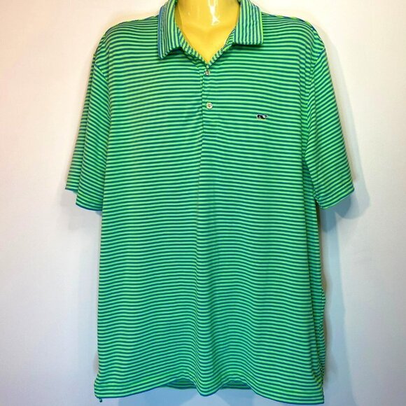 Vineyard Vines Men's Green / Blue Striped Performance Polo Shirt - Size Large - Picture 1 of 4